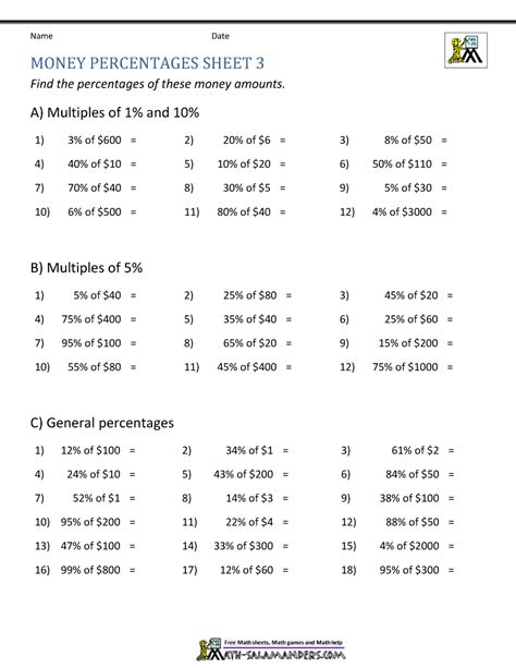 Money Percentage Worksheets