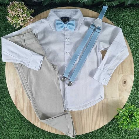 Calça Nude Camisa Manga Longa Branca e Kit Gravata e Suspensório