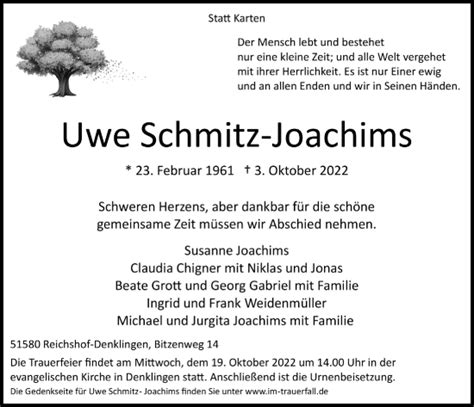 Traueranzeigen Von Uwe Schmitz Joachims WirTrauern