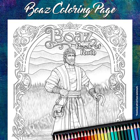 Printable Boaz Coloring Page From The Old Testament Hand Drawn Black