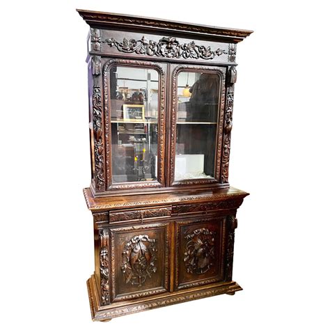 Antique Continental Figural Statuary Carved Oak Hunt Cupboard Cabinet