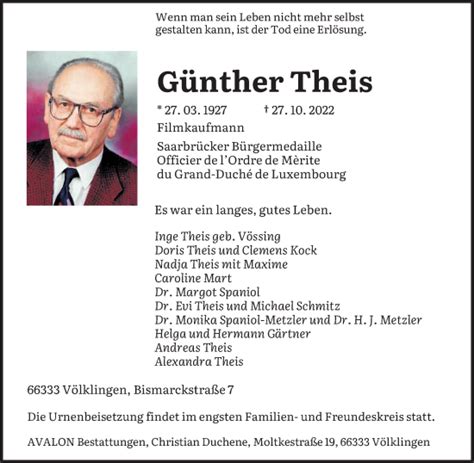 Traueranzeigen Von G Nther Theis Saarbruecker Zeitung Trauer De