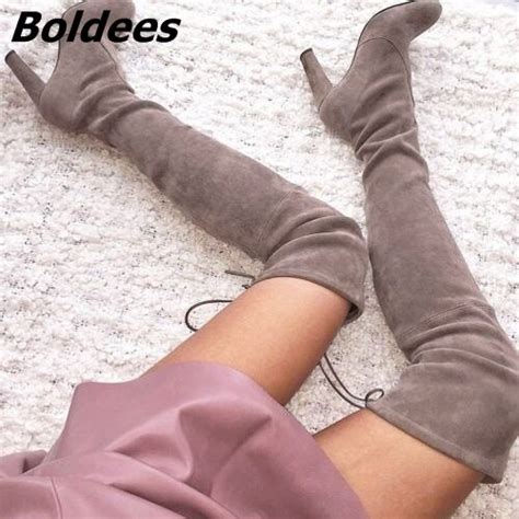 Women Classy Solid Color Suede Chunky Heel Thigh High Boots Easy Wear