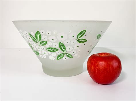 Vintage Large Frosted Glass Bowl Pasinski Green Leaves And White Flowers Punch Salad Serving Mid