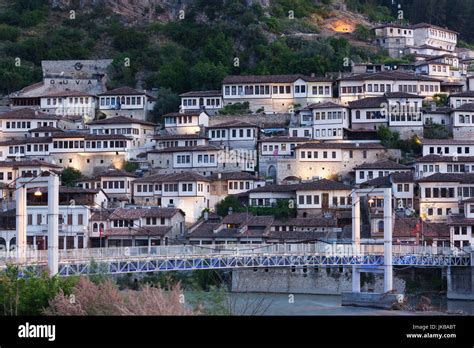 Albania Berat Osumi River Pedestrian Bridge And Ottoman Era Buildings