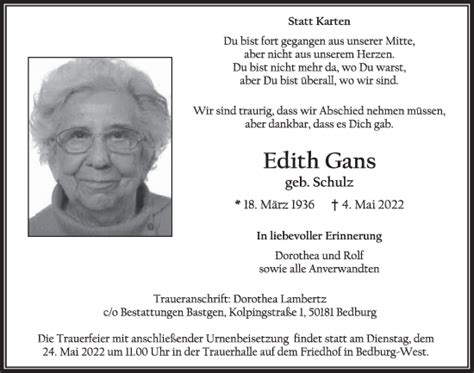 Traueranzeigen Von Edith Gans WirTrauern