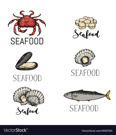 Seafood Vintage Hand Drawn Icon Set Royalty Free Vector