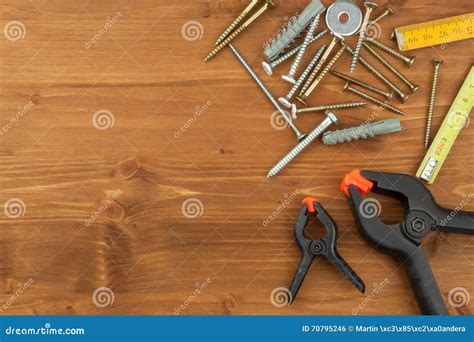 Set Of Tools And Instruments On Wooden Background Different Kinds Of