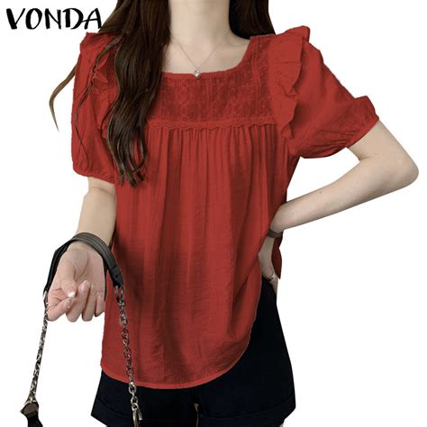 Vonda Women Korean Casual Round Neck Short Sleeve Ruffled Lace Blouses