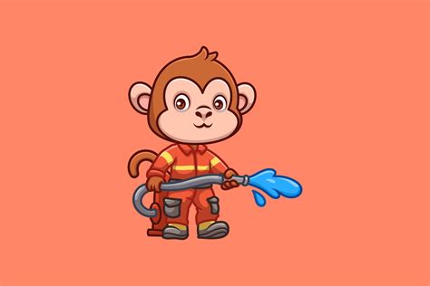 Firefighter Monkey Cute Cartoon Graphic By Ajiwaluyo88 · Creative Fabrica