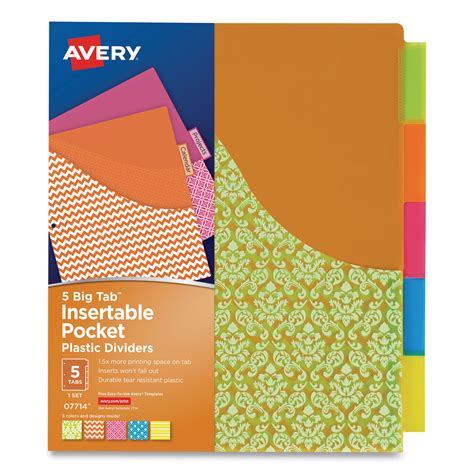 Avery Big Tab Insertable One Pocket Plastic Dividers 5 Tab 11 13 X 9