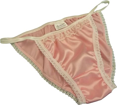 Shiny Satin String Bikini Mini Tanga Panties Pale Pink With Ivory Lace