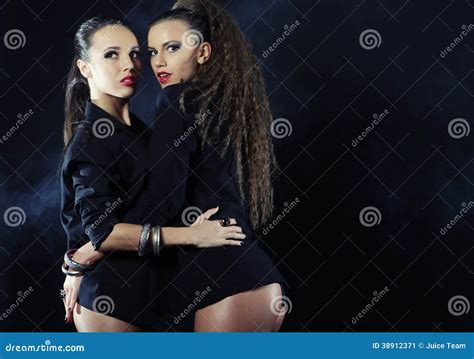 Two Dancing Woman In Black Lingerie Stock Image Image Of Glamor