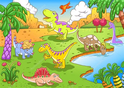 Cute Dinosaurs In Prehistoric Scene Vector Illustration Cartoondealer Hot Sex Picture