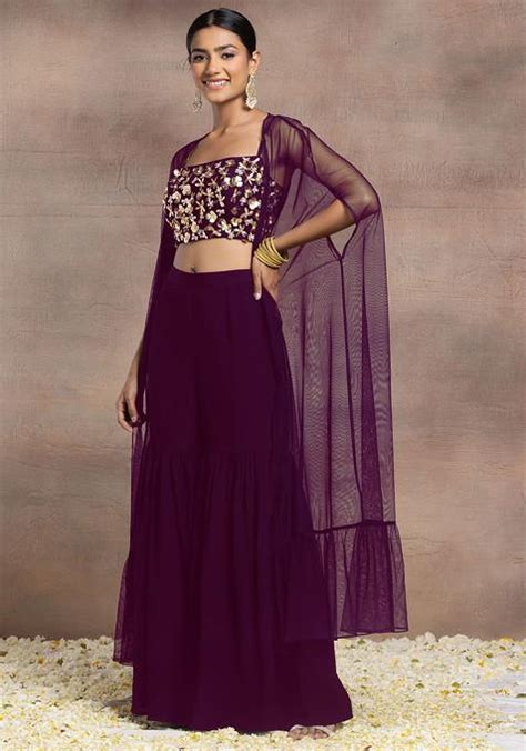 Buy Women Purple Sharara Set With Floral Sequin Pearl Hand Embroidered