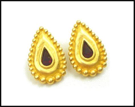 Red Rhinestone Earrings With Gold Beading