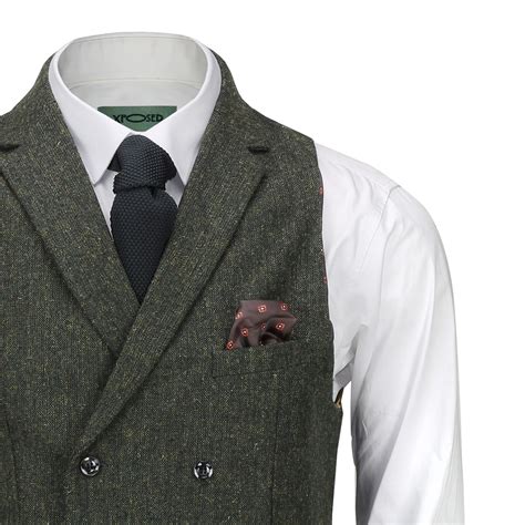 Mens Tweed Waistcoat Vintage Collar Double Breasted Smart Tailored Fit