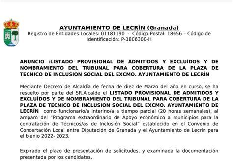 Listado Provisional T Cnico Inclusi N Ayuntamiento De Lecr N