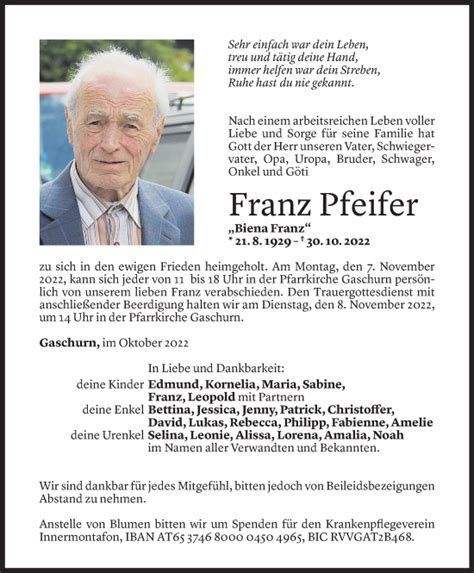 Todesanzeigen Von Franz Pfeifer Todesanzeigen Vorarlberger Nachrichten