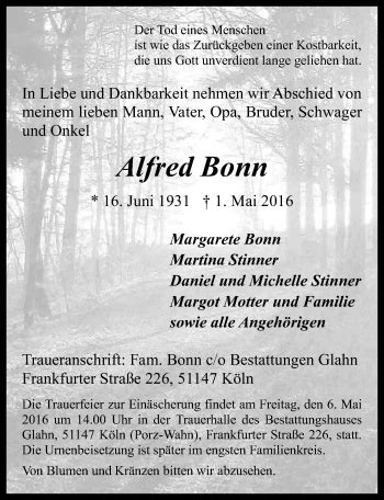 Traueranzeigen Von Alfred Bonn Wirtrauern