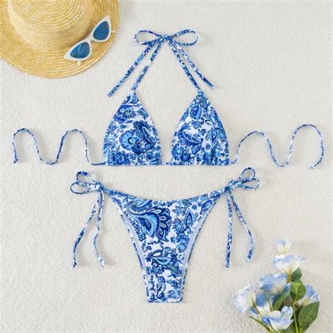 New Style Hot Selling Bikini Two Piece Printing Swimsuit Neck Tie Waist Strap Swimwear