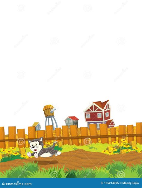 Cartoon Farm Scene With Animal Cat Having Fun On White Background