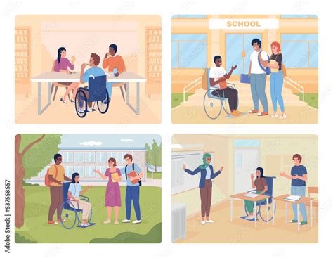 High school equity 2D vector isolated illustration set. Inclusion flat ...