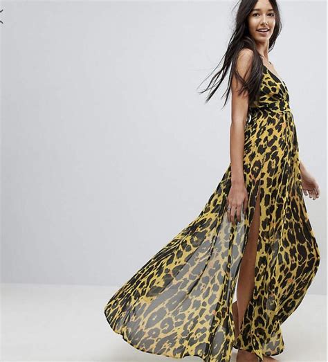 Asos Design Tall Cheetah Print Plunge Chiffon Maxi Beach Dress Asos