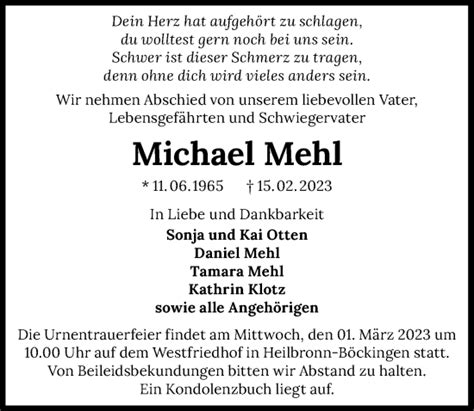 Traueranzeigen Von Michael Mehl Trauerundgedenken De