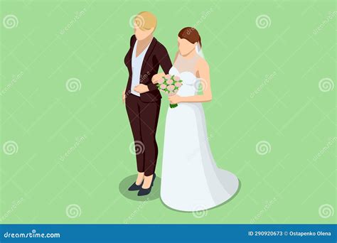 Isometric Beautiful Lesbian Couple On Their Wedding Day Same Sex Wedding Stock Vector