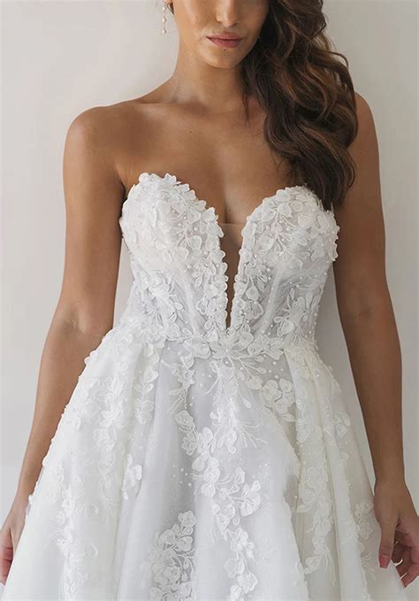 Romantic Floral Lace A Line Wedding Dress With Plunging Neckline