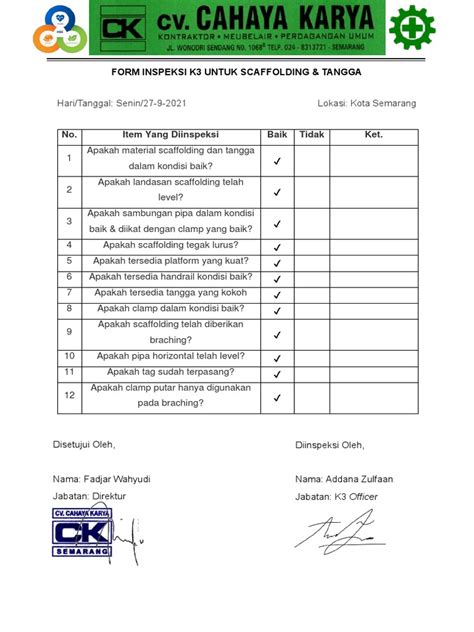 Form Inspeksi K3 Cv Ck Pdf