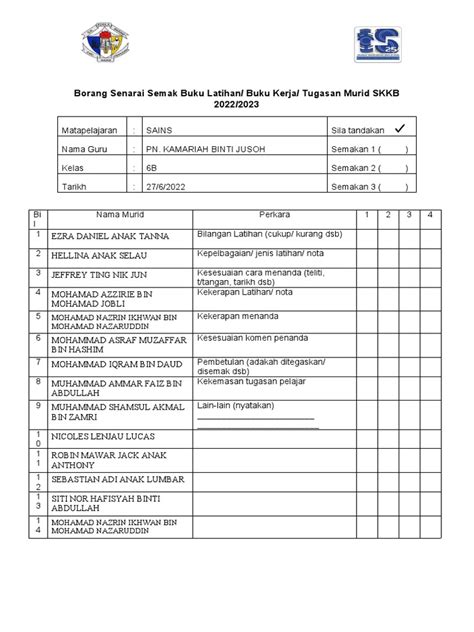 Borang Senarai Semak Buku Latihan Pdf