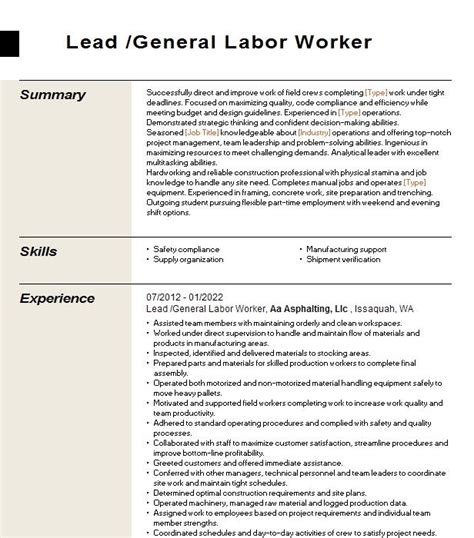 General Labor Resume Objective Examples Livecareer