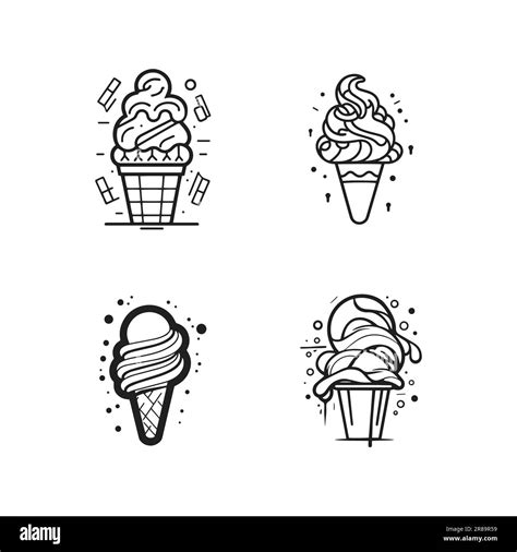 Hand Drawn Vintage Ice Cream Shop Logo In Flat Line Art Style Isolated On Background Stock