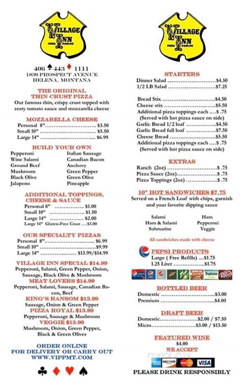 Menu Of Village Inn Pizza Parlor In Helena Mt 59601