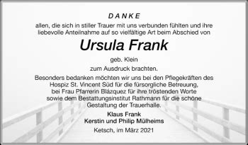 Traueranzeigen Von Ursula Frank Trauerportal Ihrer Tageszeitung