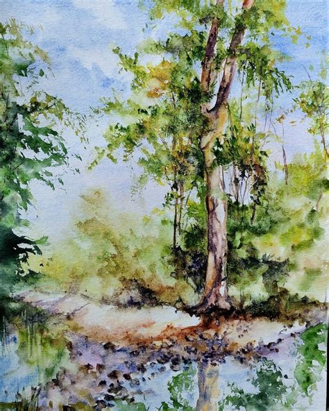 Aquarelle 30x40cm Arbre et rivière Aquarelle Arbre Rivière