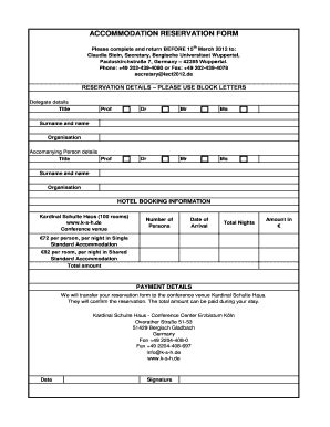 Fillable Online ACCOMMODATION RESERVATION FORM Isct2012 Fax Email