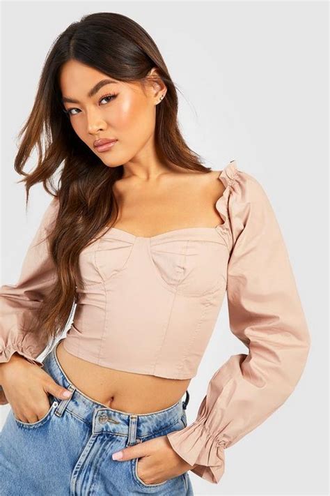 Womens Woven Puff Long Sleeve Crop Top Boohoo Uk