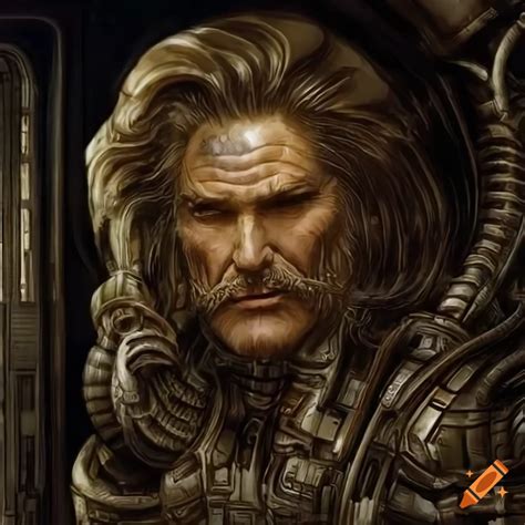 Detailed Sci Fi Illustration Of Kurt Russell In An Alien Biomechanical