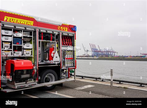 Emergency vehicle of the Hamburg Fire Department in the Harbor of ...