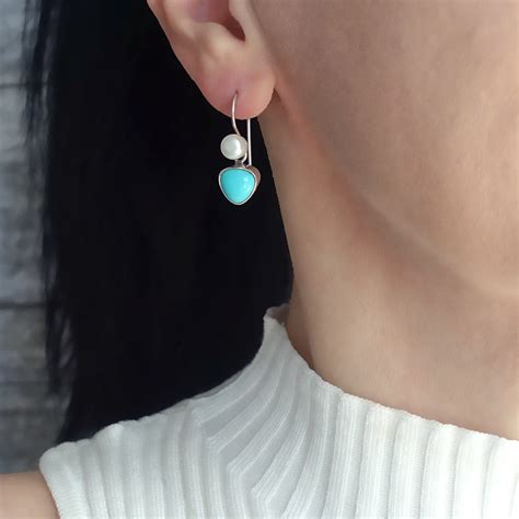 Turquoise And Pearl Drop Earrings Reveka Rose