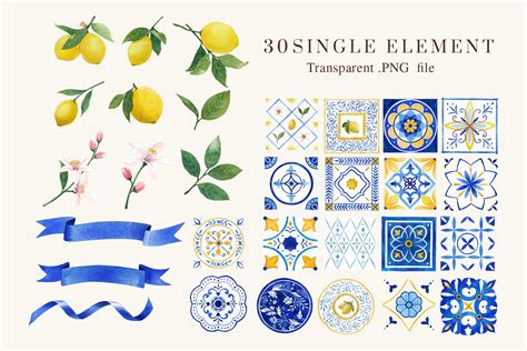 Italian Lemon Ceramic Tile Illustration Watercolor Design Cuts