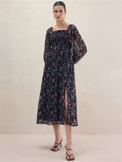 Buy Femella Floral Print Smocked Puff Sleeve A Line Midi Dress