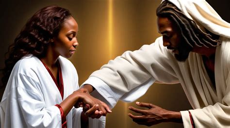 A Healing Encounter African American Woman Touching Jesus Robe | MUSE AI