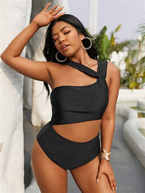 Plus Asymmetrical Cut Out One Piece Swimsuit