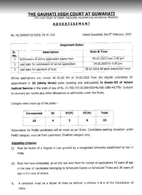 Gauhati High Court Recruitment 2023 33 Post Assam Judicial Service