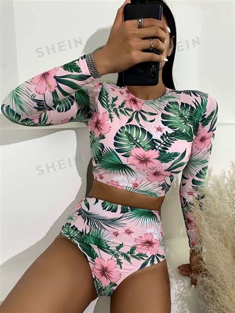 SHEIN Swim SPRTY Tropical Floral High Waisted Bikini Swimsuit With