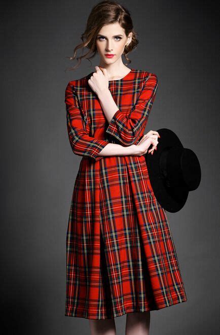 Women New Three Quanters Sleeves Flared Hem Elegant Dress Tartan Dress Tartan Fashion Plaid